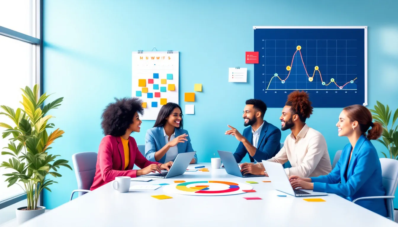 An illustration showing a diverse team collaborating on a staffing and scheduling plan.