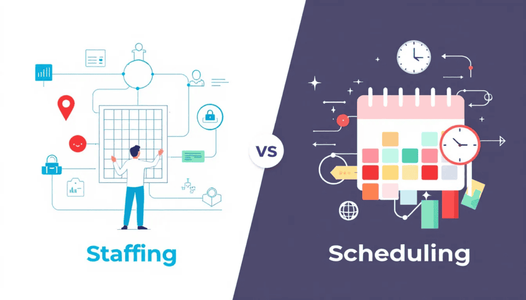 A visual representation of the differences between staffing and scheduling.