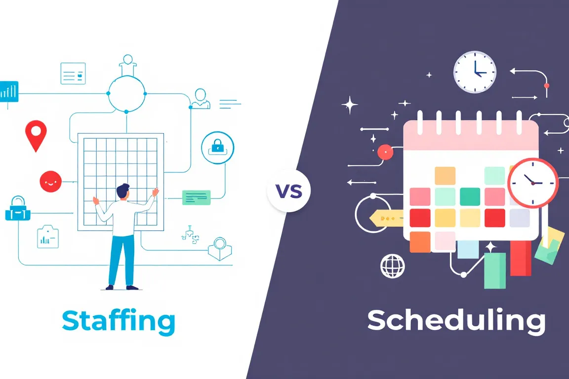 A visual representation of the differences between staffing and scheduling.