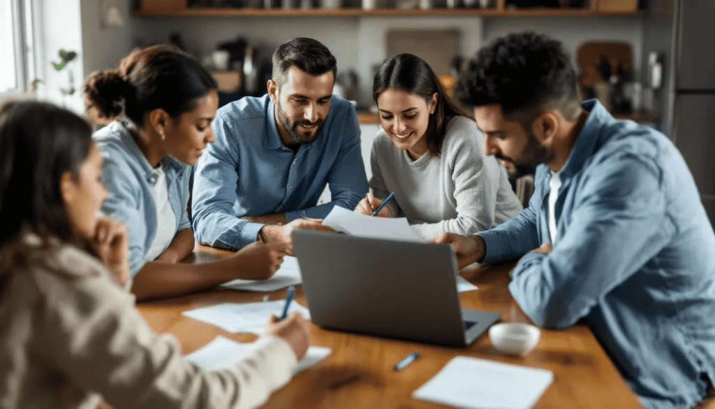 A family is gathered around a kitchen table, reviewing paperwork together, which likely includes important documents related to employment contracts and leave policies. They appear engaged and supportive, discussing matters that may involve time off for dependants or dealing with emergencies involving family members.