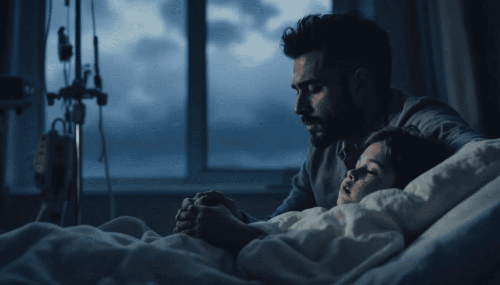 In a hospital room, a compassionate parent gently comforts their sick child lying in a hospital bed, providing emotional support during a difficult time. The scene captures the deep bond between them, highlighting the importance of family and care arrangements in moments of illness.