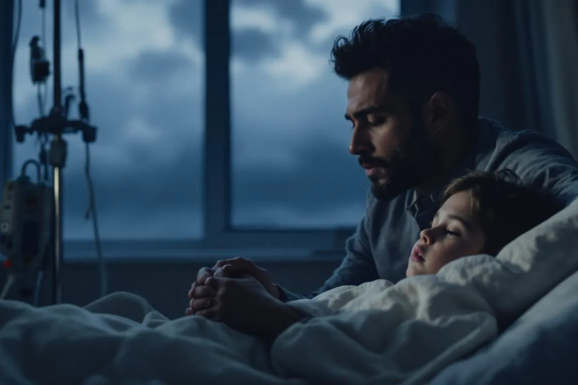 In a hospital room, a compassionate parent gently comforts their sick child lying in a hospital bed, providing emotional support during a difficult time. The scene captures the deep bond between them, highlighting the importance of family and care arrangements in moments of illness.