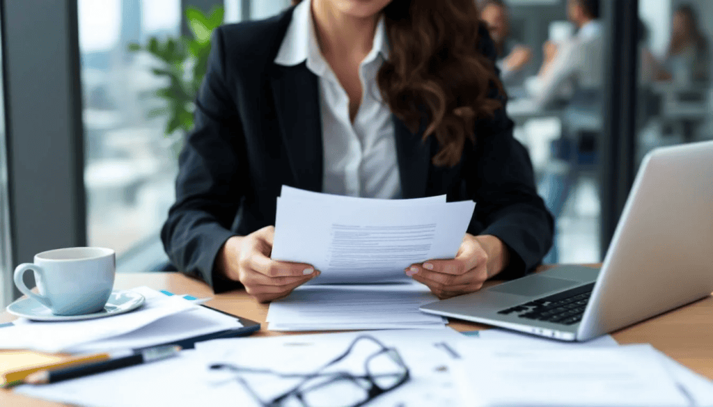A professional HR manager is seated at a desk, meticulously reviewing various employment documents, including redundancy letters and employee contracts, amidst a collection of folders and paperwork. The scene reflects a fair and transparent process in managing potential redundancies, emphasizing legal compliance and clear communication with affected employees.