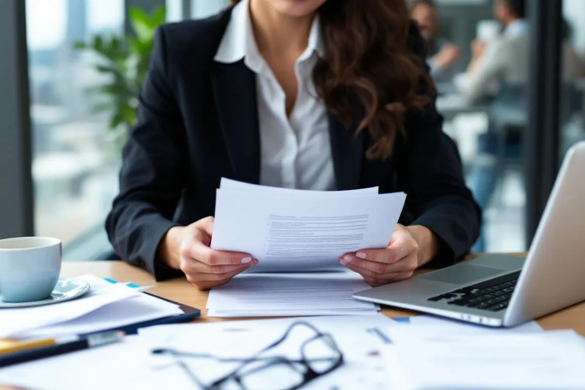 A professional HR manager is seated at a desk, meticulously reviewing various employment documents, including redundancy letters and employee contracts, amidst a collection of folders and paperwork. The scene reflects a fair and transparent process in managing potential redundancies, emphasizing legal compliance and clear communication with affected employees.