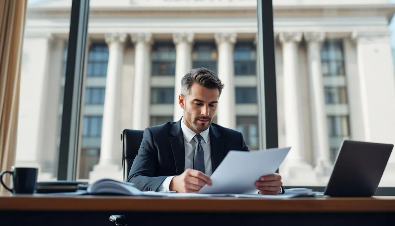A person is sitting at a table, reviewing legal documents with a government building visible in the background, suggesting a focus on statutory redundancy pay and employment-related issues. The scene conveys a sense of serious contemplation regarding redundancy payments and the legal aspects of employment termination.