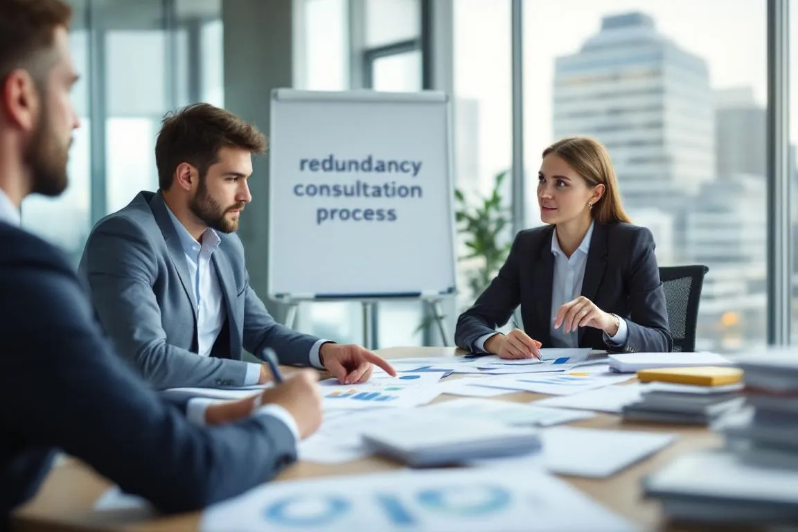 In the image, a business meeting is taking place with several documents on the table, discussing the redundancy consultation process. The papers include information about statutory redundancy pay, eligibility criteria, and the implications of an employer being insolvent.