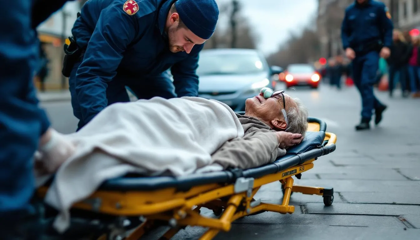 In an emergency medical situation, paramedics are providing urgent care to an elderly person on the ground, demonstrating compassion and professionalism. This scene highlights the importance of support during emergencies involving family members or dependants, emphasizing the need for timely assistance in critical situations.