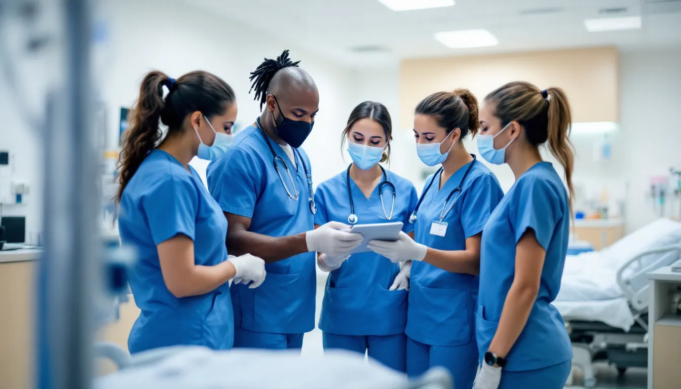 In the image, a diverse team of healthcare workers is engaged in a collaborative discussion during a shift change, focusing on employee wellbeing and effective communication. They are sharing insights on mental health issues and strategies to support staff, emphasizing the importance of teamwork in addressing health and absenteeism challenges to reduce absence trends.