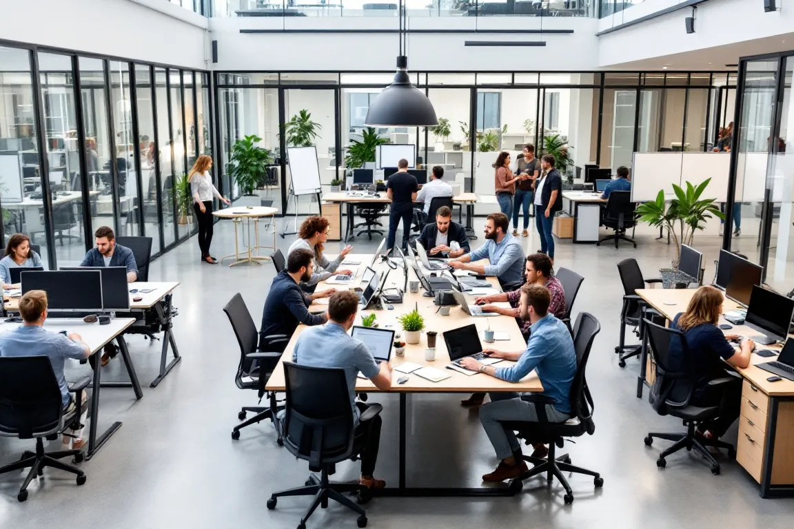 In a modern flexible workspace, a diverse group of office workers collaborates around a large table, engaging in discussions and sharing ideas. The environment promotes employee wellbeing and supports a work-life balance, reflecting a commitment to employee engagement and mental health.