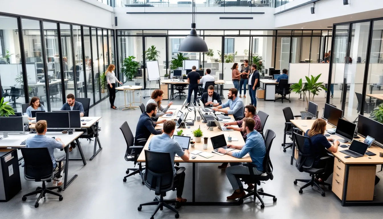 In a modern flexible workspace, a diverse group of office workers collaborates around a large table, engaging in discussions and sharing ideas. The environment promotes employee wellbeing and supports a work-life balance, reflecting a commitment to employee engagement and mental health to reduce absence trends.