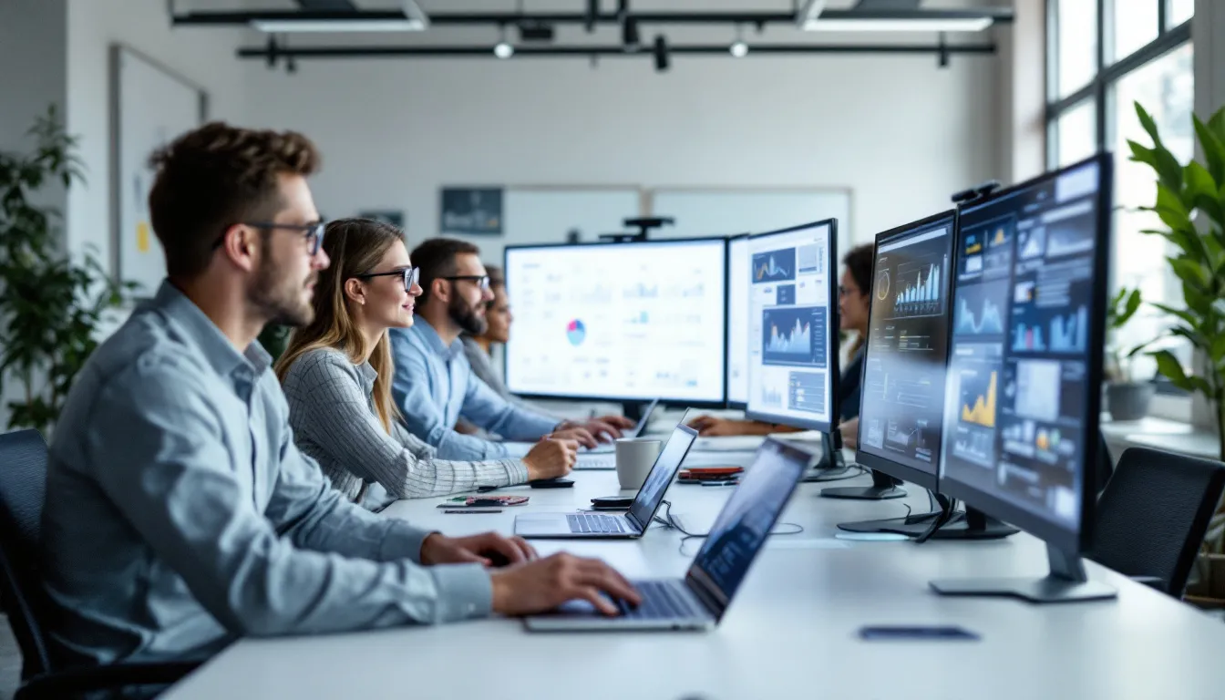 In a modern office setting, a diverse group of workers collaborates around computer screens displaying data analytics dashboards related to absence management and employee health. They engage in discussions about predicting sickness absence and analyzing absence patterns to improve operational efficiency and streamline workforce planning.