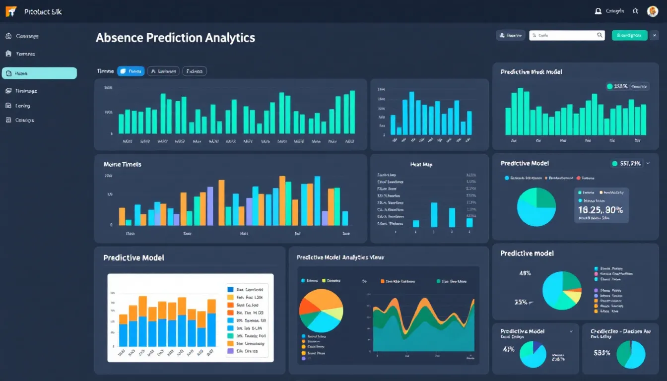 The image depicts a data visualization dashboard filled with colorful charts and graphs that focus on absence prediction analytics, showcasing absence management processes and employee health insights. This dashboard serves as a valuable tool for HR managers to predict future outcomes related to employee absences and enhance operational efficiency.