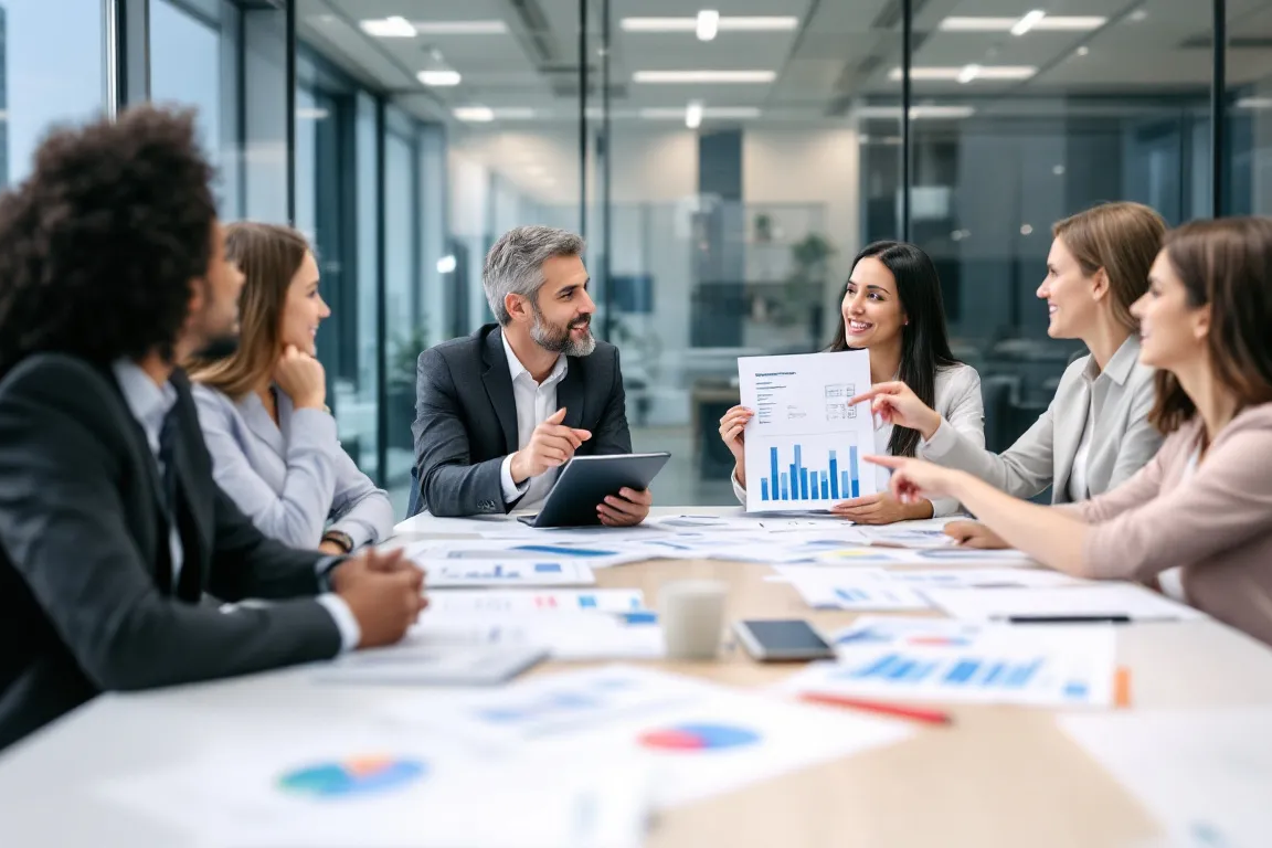 The image depicts a business meeting where participants are discussing annual leave policies, surrounded by charts and documents outlining holiday entitlements, including statutory leave and unused annual leave. Key topics include the legal responsibilities regarding paid holiday and how employees accrue annual leave within their employment contracts.