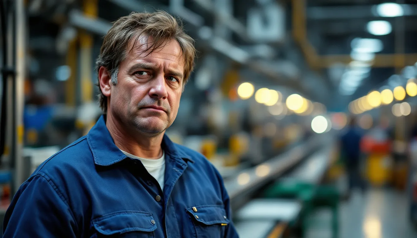 A manufacturing worker stands at the end of their shift, appearing fatigued and overwhelmed, reflecting the impact of long working hours on employee wellbeing and mental health. The image highlights the importance of addressing health issues and supporting staff to improve employee retention and reduce absenteeism.