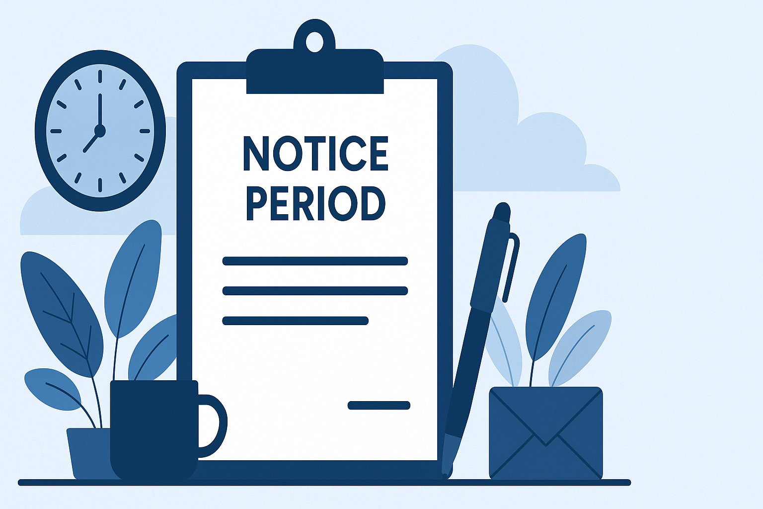 Notice period shown on a clipboard with a clock.