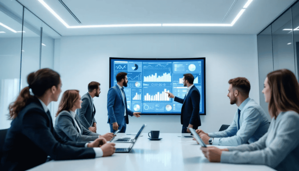 In a modern conference room, a group of business professionals is gathered around a sleek table, intently analyzing absence data displayed on large wall-mounted screens. They are engaged in discussions about absence management processes and predictive analytics to enhance employee health and operational efficiency within their workforce management strategies.