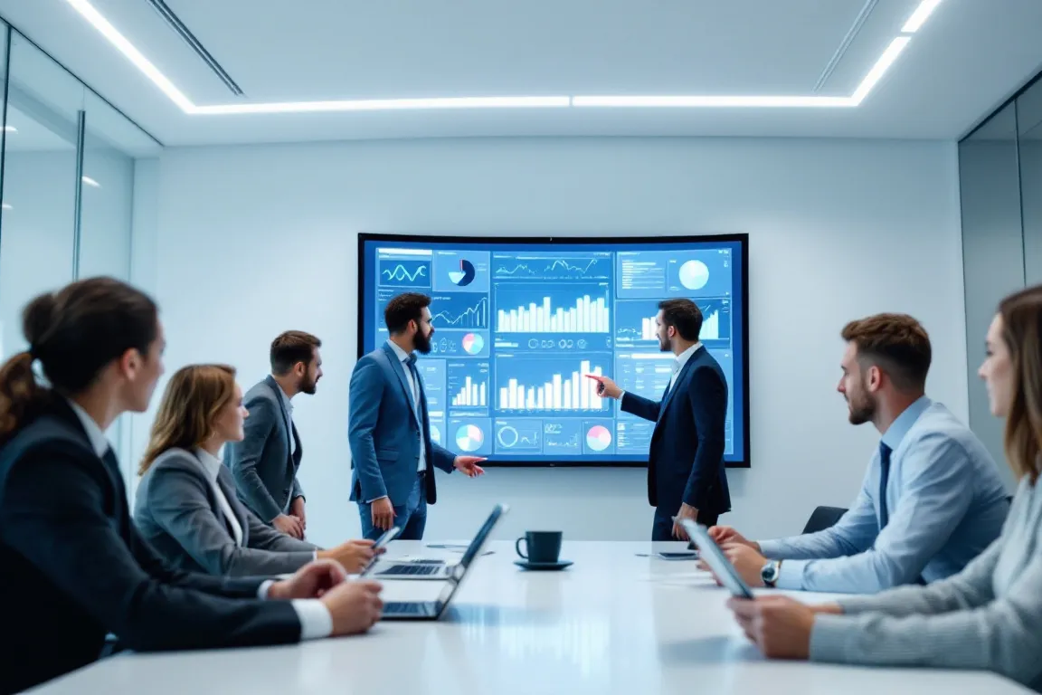 In a modern conference room, a group of business professionals is gathered around a sleek table, intently analyzing absence data displayed on large wall-mounted screens. They are engaged in discussions about absence management processes and predictive analytics to enhance employee health and operational efficiency within their workforce management strategies.