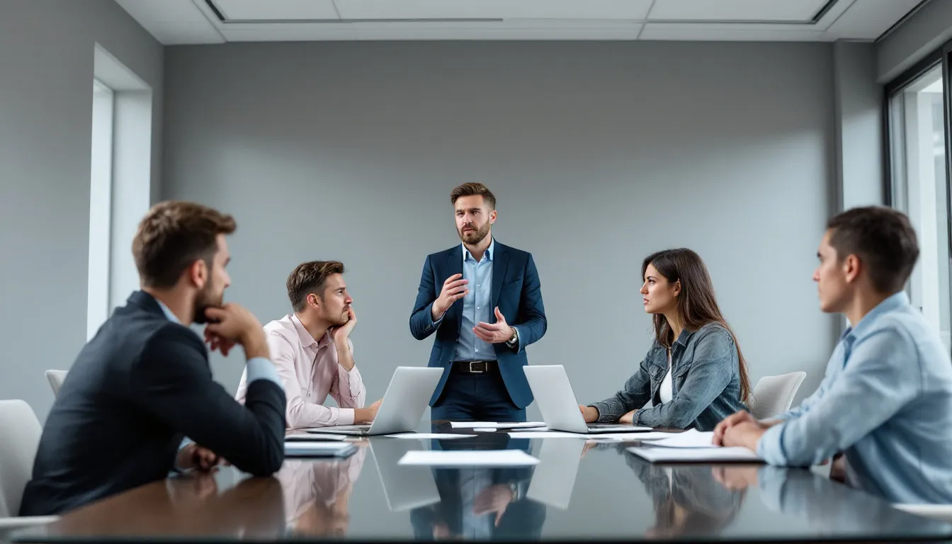 In the image, a manager is seated at a conference table, attentively listening to a group of concerned employees who are discussing workplace stress and its impact on employee wellbeing. The atmosphere reflects a focus on addressing mental health issues and improving employee retention through supportive measures and open communication.
