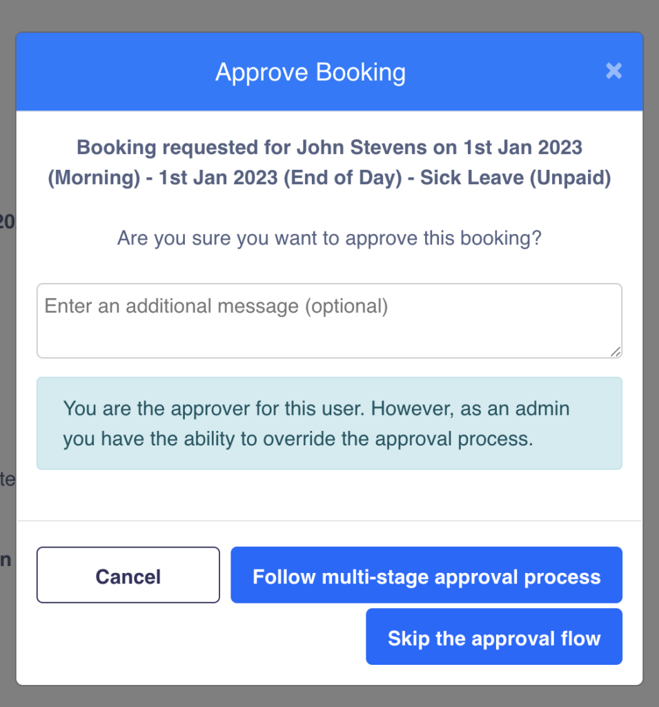 A modal window showing the multi-stage approval workflow